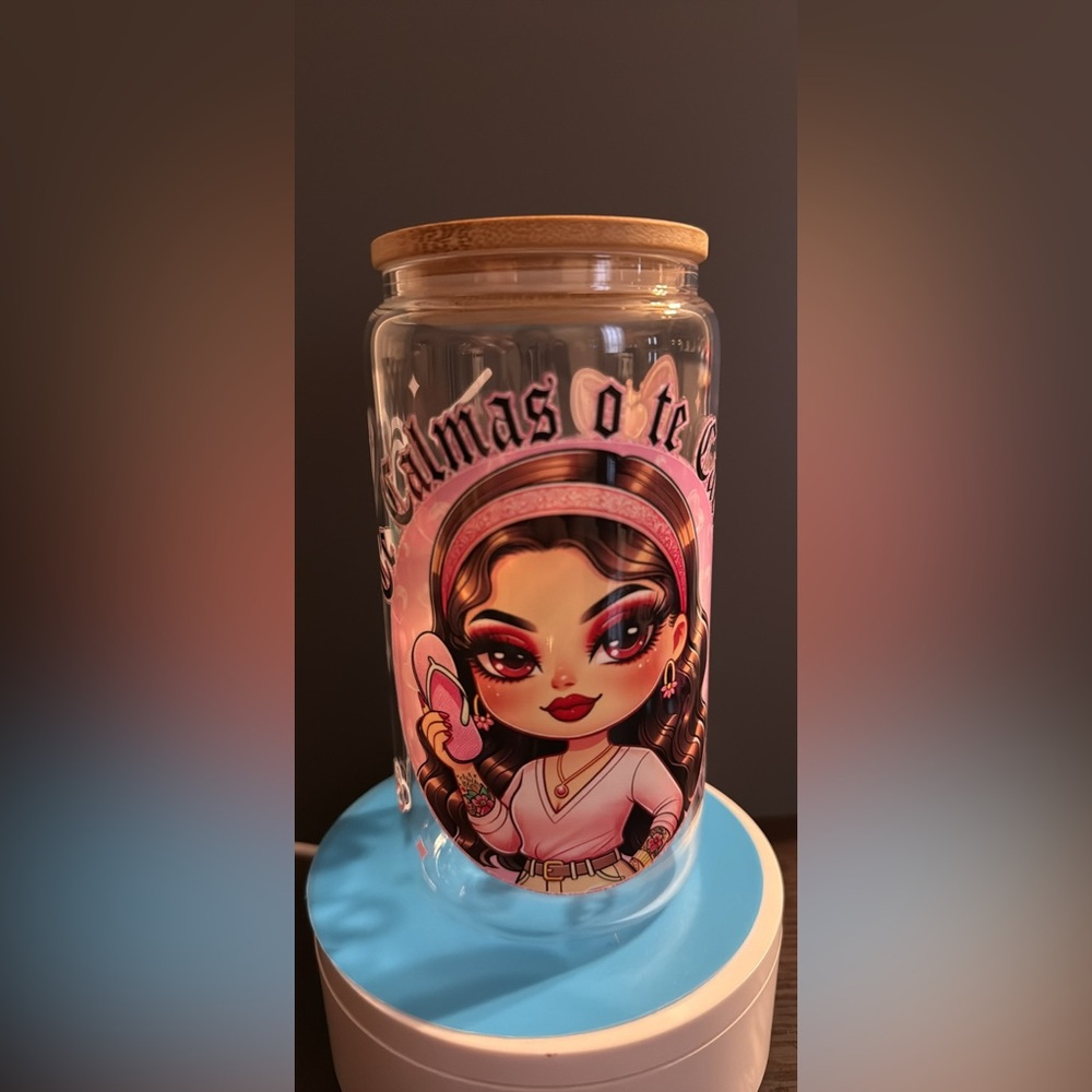Cartoon Girl Glass Cup with Bamboo Lid